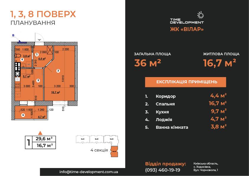 1-кімнатна квартира 36 м²