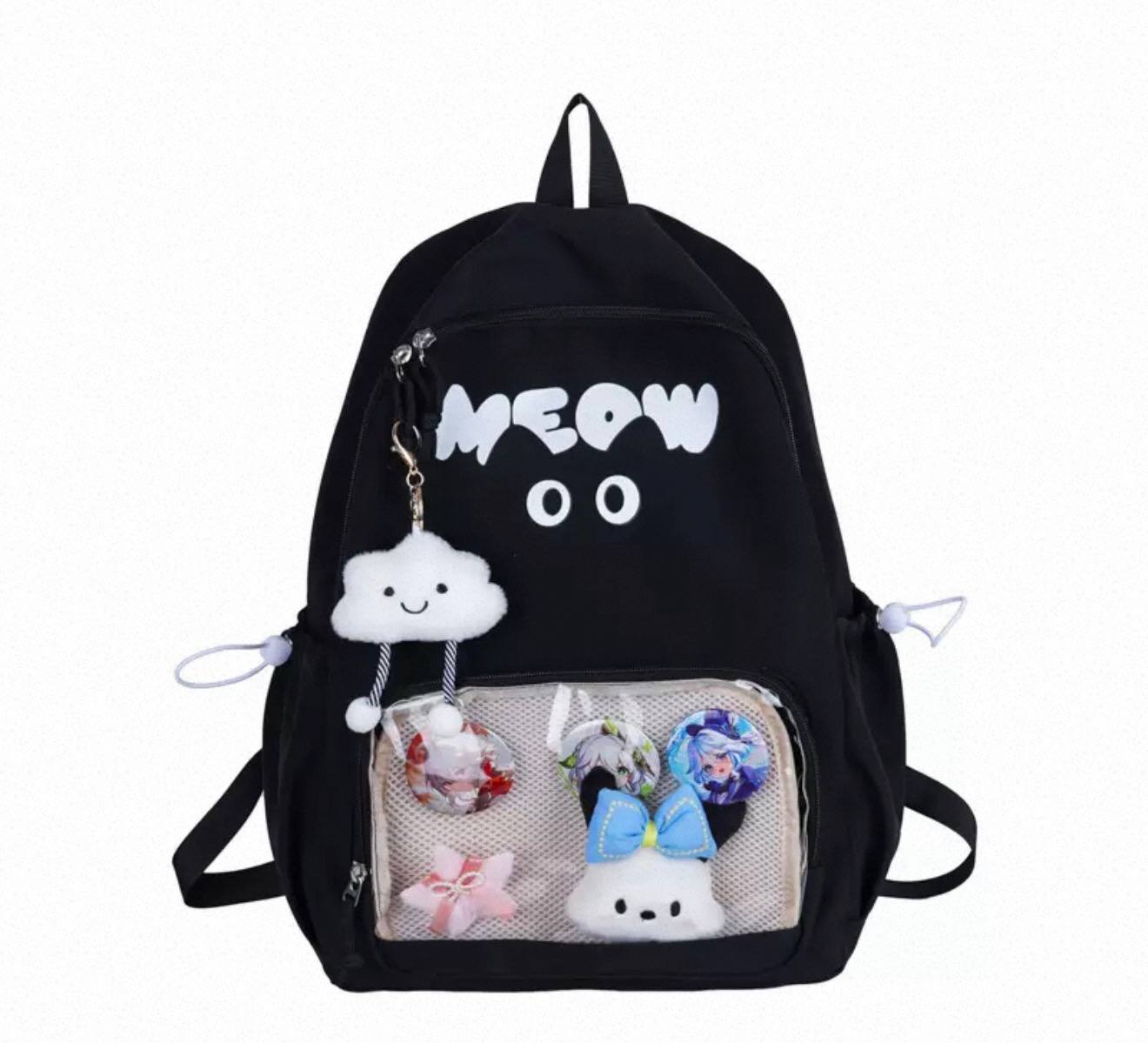 Стильний чорний рюкзак «MEOW» з прозорою кишенею для значків 