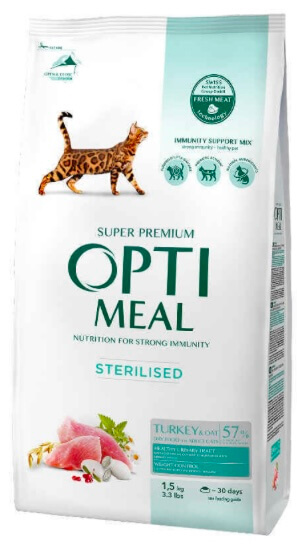 Оптіміл сухий корм  для стерилізованих кішок та кастрованих котів - індичка та овес 1,5 кг