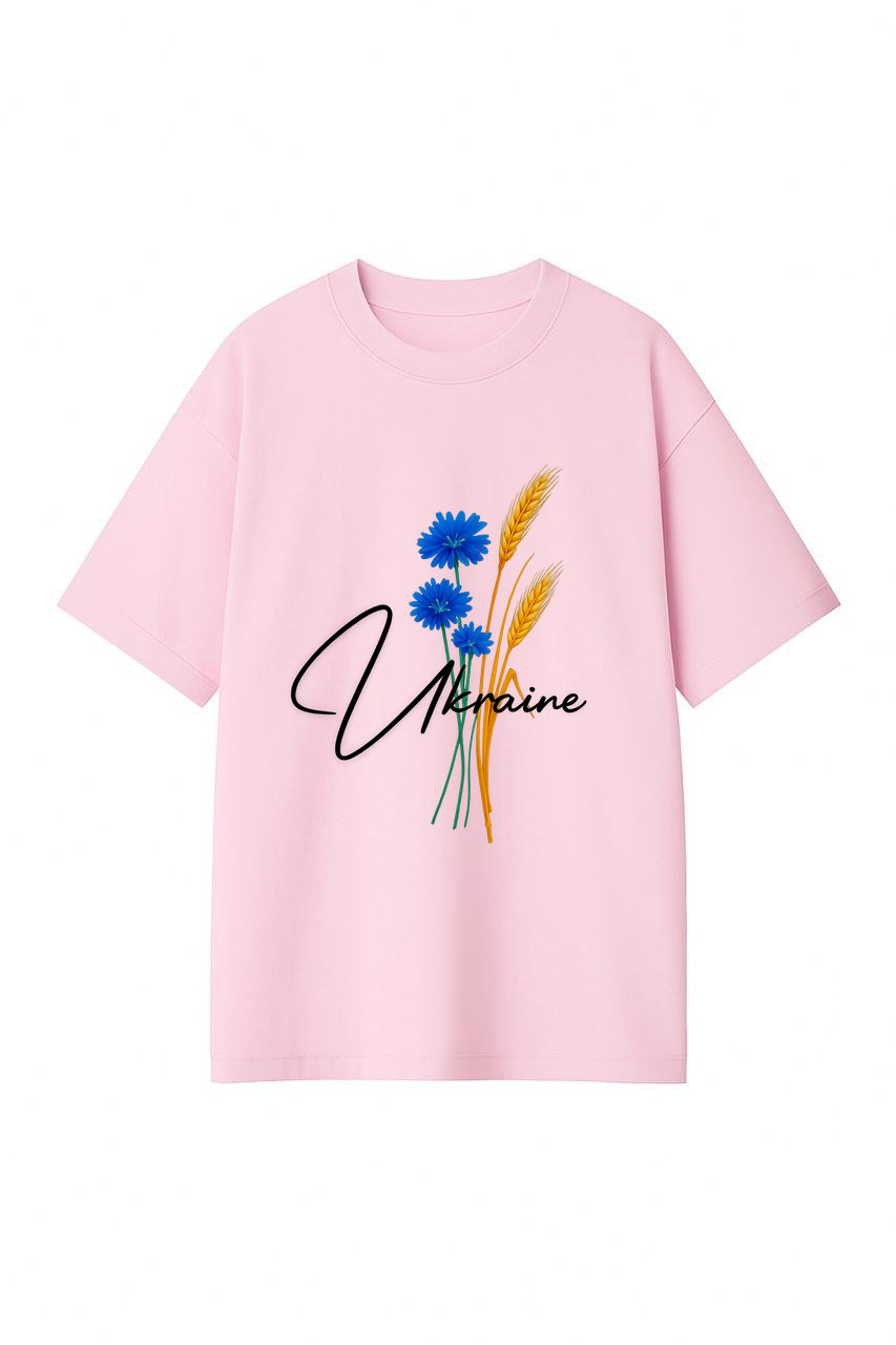 ФУТБОЛКА РОЖЕВА ОВЕРСАЙЗ З ПРИНТОМ "КОЛОСОК УКРАЇНА"