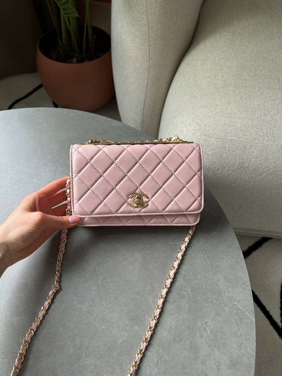 Chanel Calfskin Quilted Perfect Fit Wallet On Chain Pink/Gold