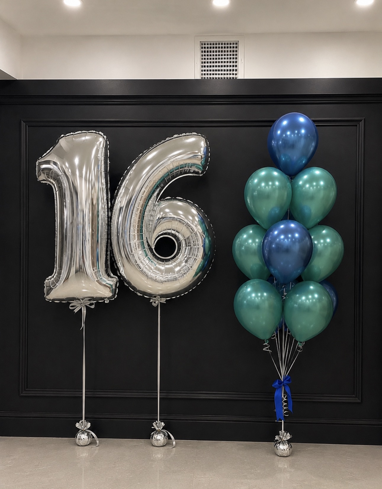 Sweet 16 Balloon Bundle – Silver Number Balloons with Blue and Green Balloon Bouquet