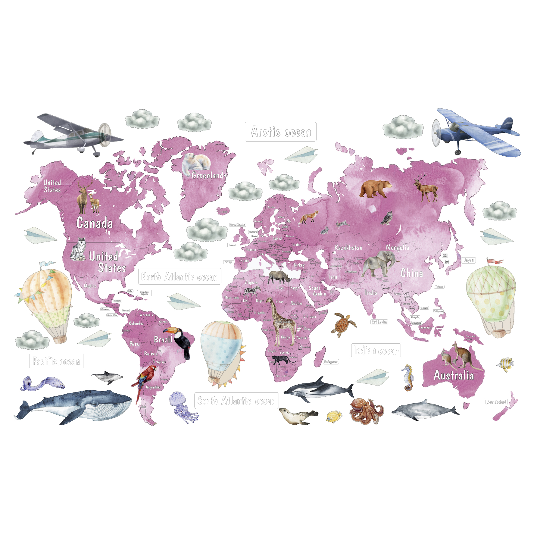 Наліпки "Карта світу 3.13" рожева