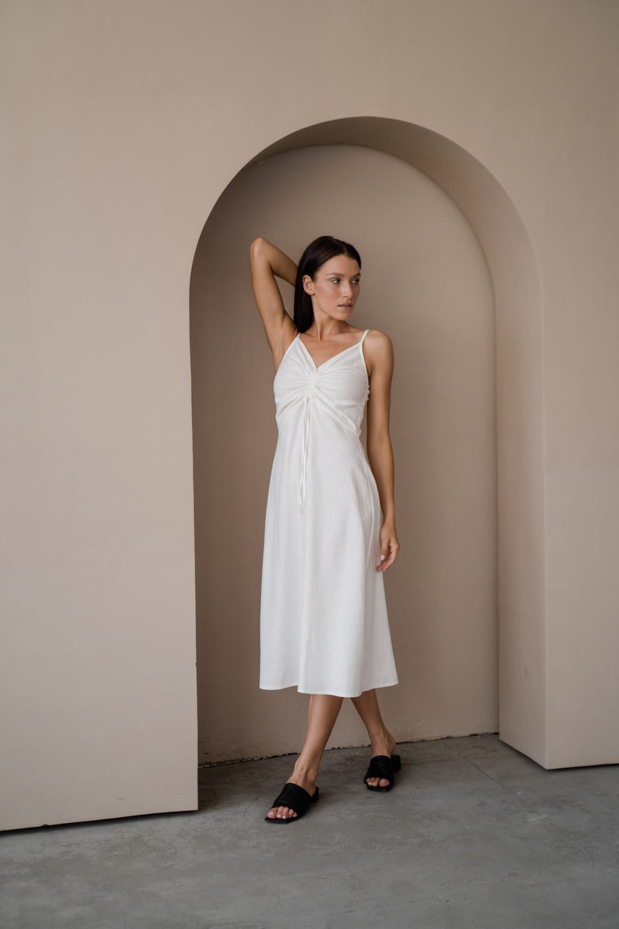 Літня міді сукня-комбінація з натуральної тканини льон - Молочна IWOMAN