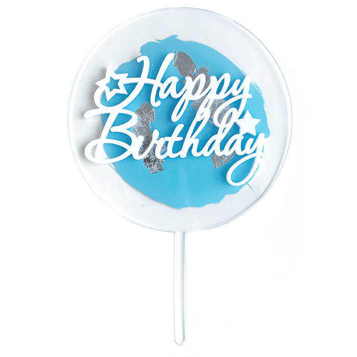 Прозорий акриловий блакитно-білий топер "Happy birthday"
