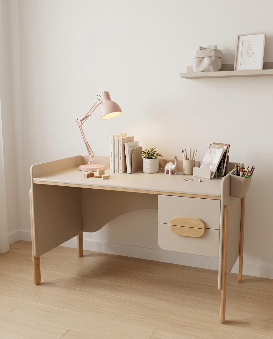 Зростаючий письмовий дерев'яний стіл з колекції Брунька дизайнерський для школяра регульований по висоті з ящиками Натуральний/пісочний