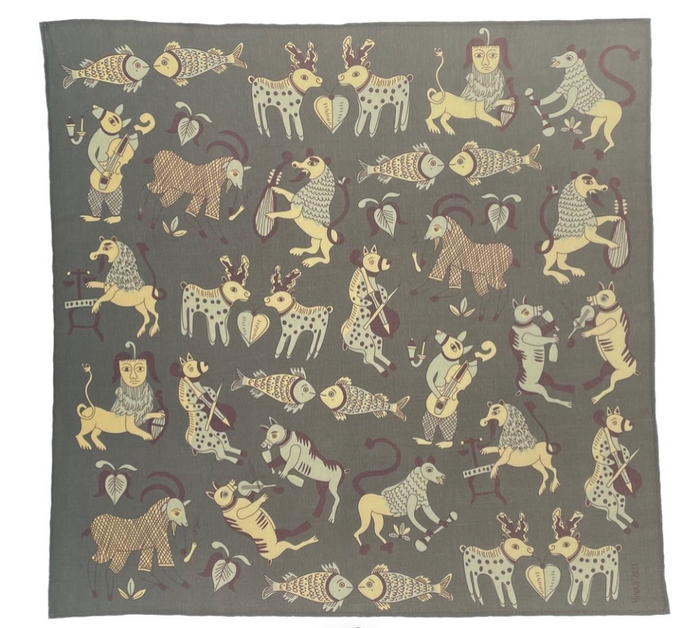 Хустка з косівськими звірятами, склад вовна та шовк, 124x124