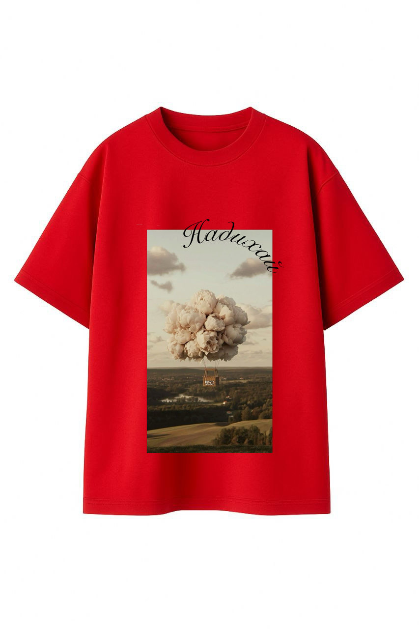 ФУТБОЛКА ОВЕРСАЙЗ ЧЕРВОНА З ПРИНТОМ 