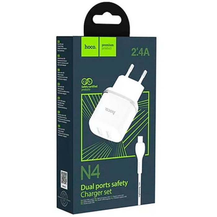 Мережевий зарядний пристрій Hoco N4 (2USB, 2.4A, Lightning)