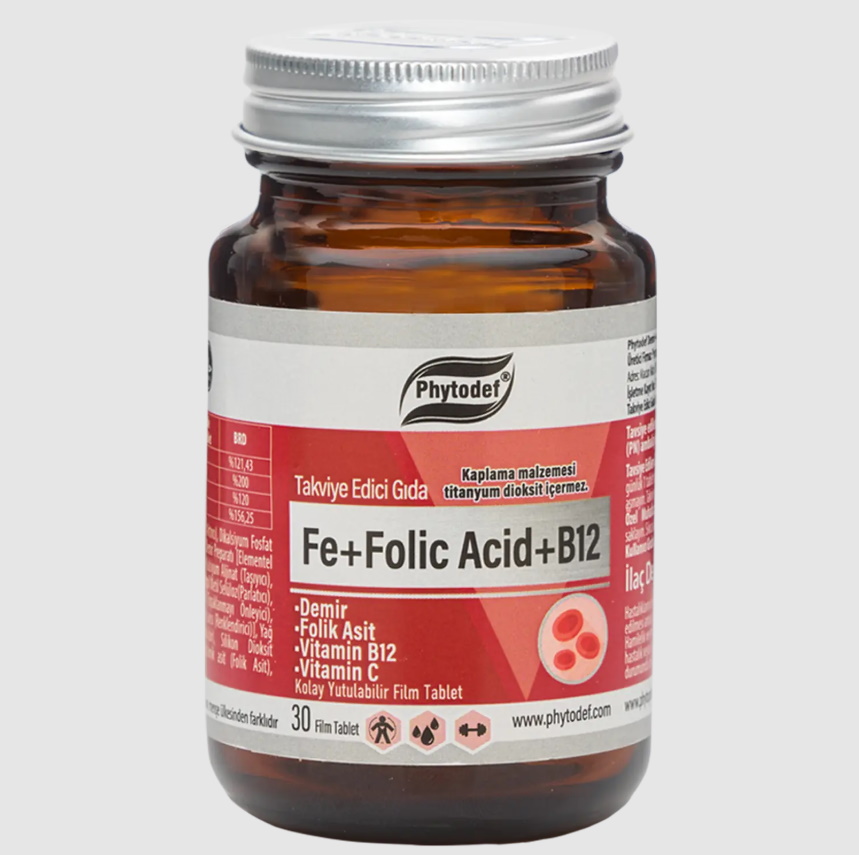 Phytodef Iron + Folic Acid + B12 + Vitamin C | Vegan Daily Supplement | 30 Tablets