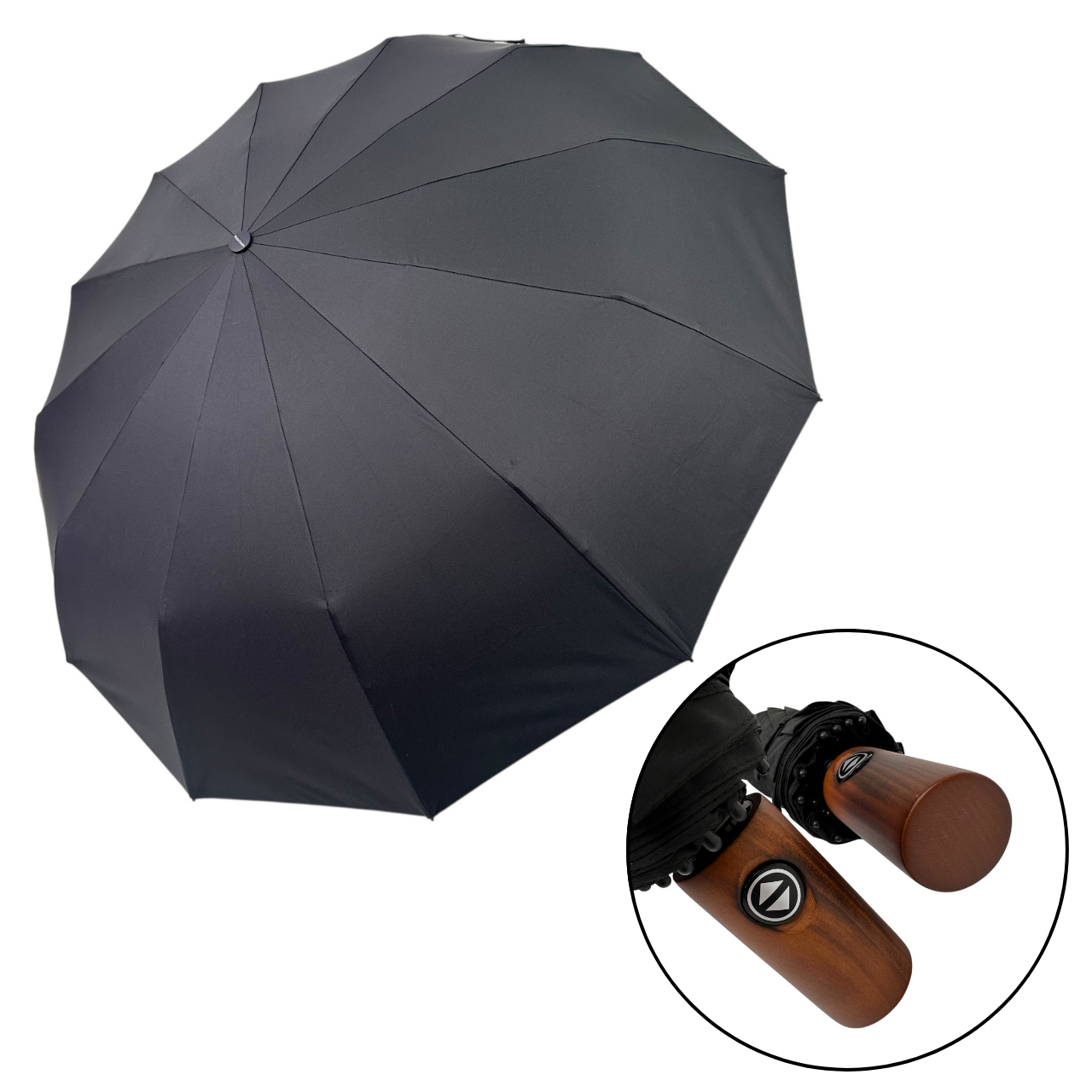 Чоловіча складна парасоля автомат на 12 карбонових спиць із дерев'яною ручкою