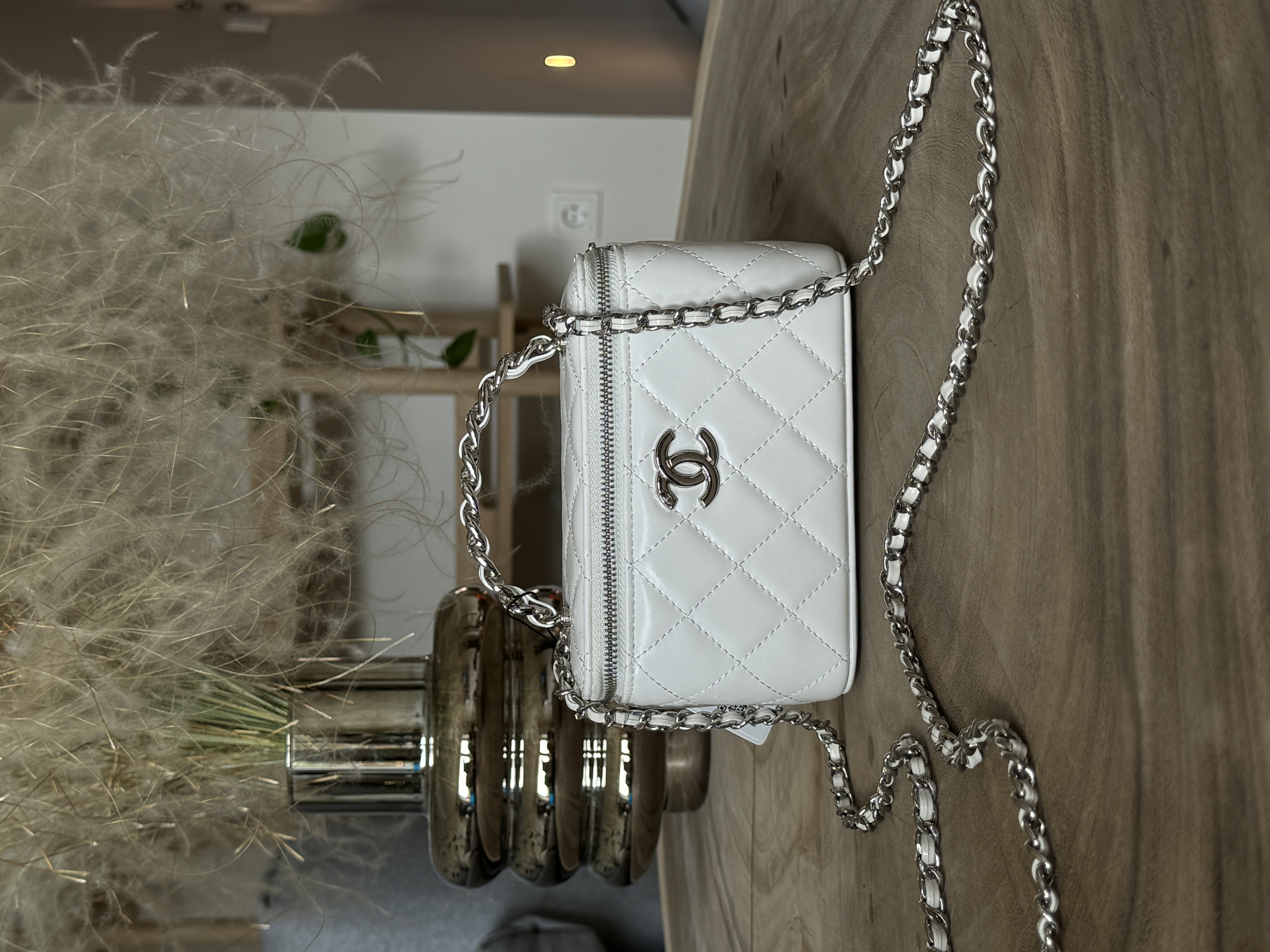 Chanel Classic White Lambskin Pearl Crush Vanity Bag Silver