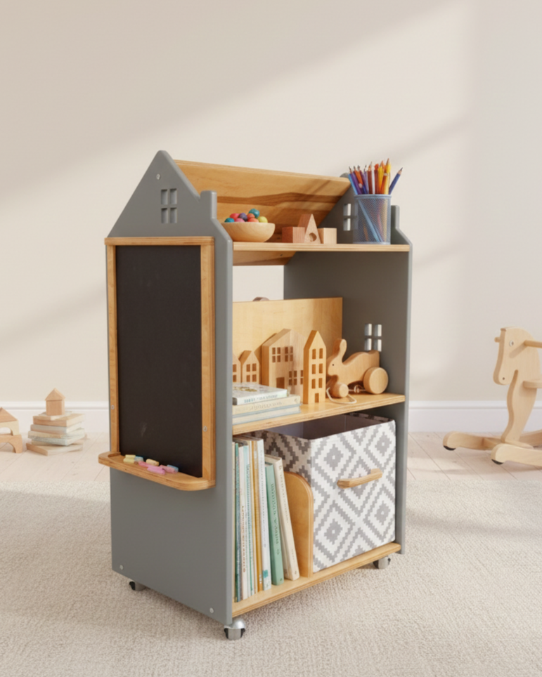Дитячий стелаж дизайнерський Монтессорі для іграшок та книжок дерев'яний з грифельною дошкою на коліщатках Хмарочос - Темно-сірий/лаковий-copy-1