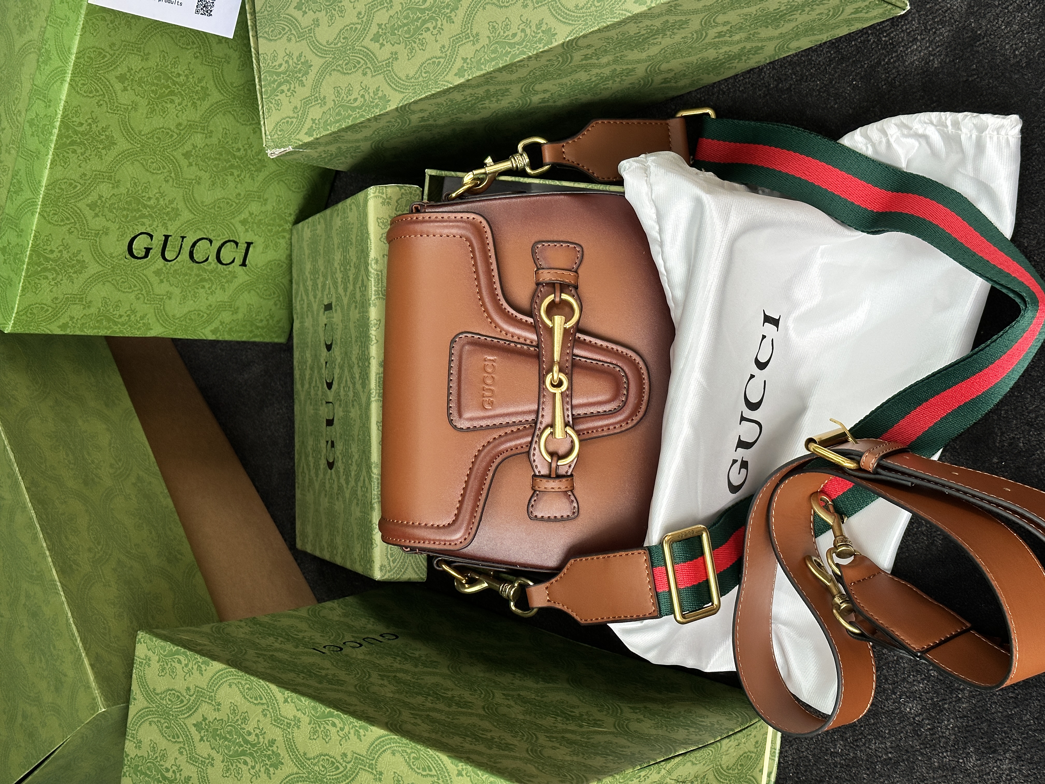 Gucci Lady Web Leather Shoulder Bag Brown
