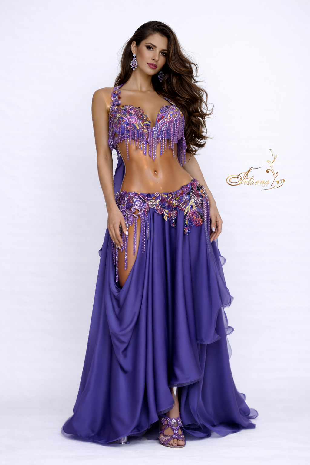 Purple belly dance costume with hip cut outs