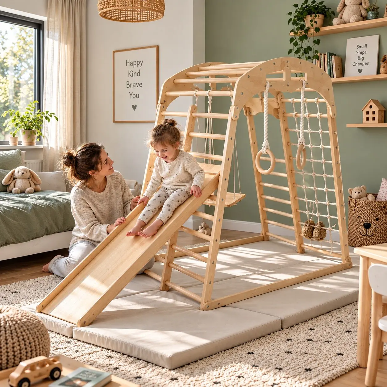 Indoor Kletterstation für Kinder aus Holz mit Rutsche & Ringen – Leni