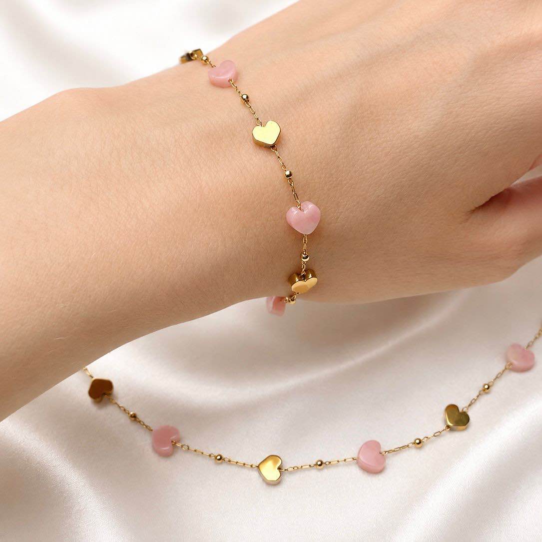 Pink Quartz & Hematite Heart Jewelry Set – Handmade Necklace and Bracelet in Stainless Steel