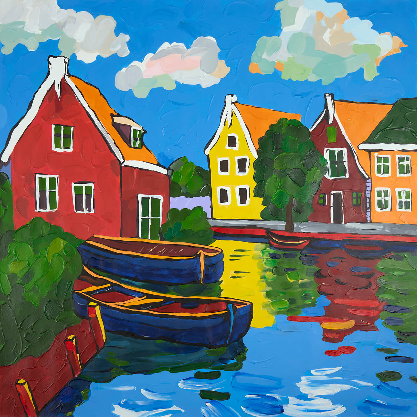 Dutch Waterside, 50x50 cm original acrylic painting on paper