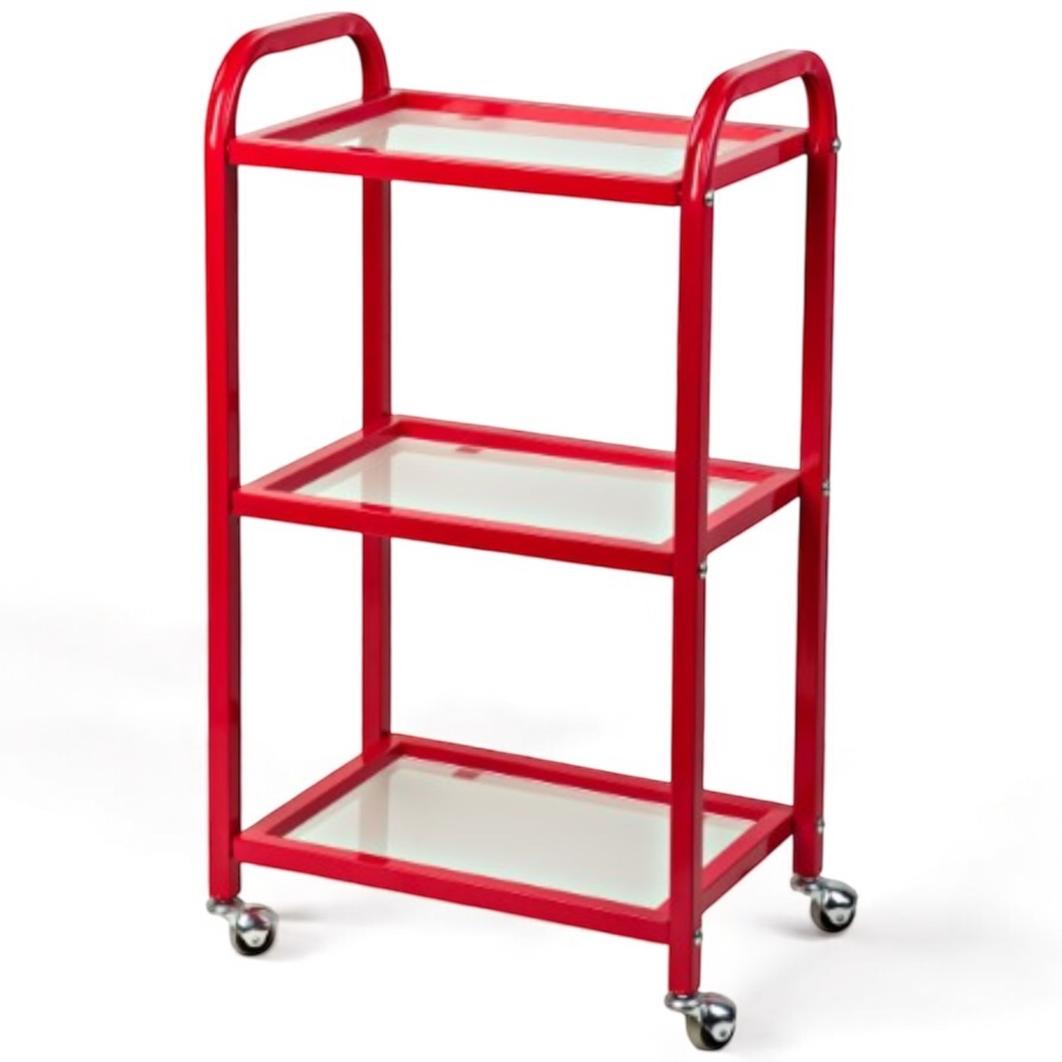 Візок косметологічний маніпуляційний з трьома полицями,малиново-червоний,скло: сатин/бронза