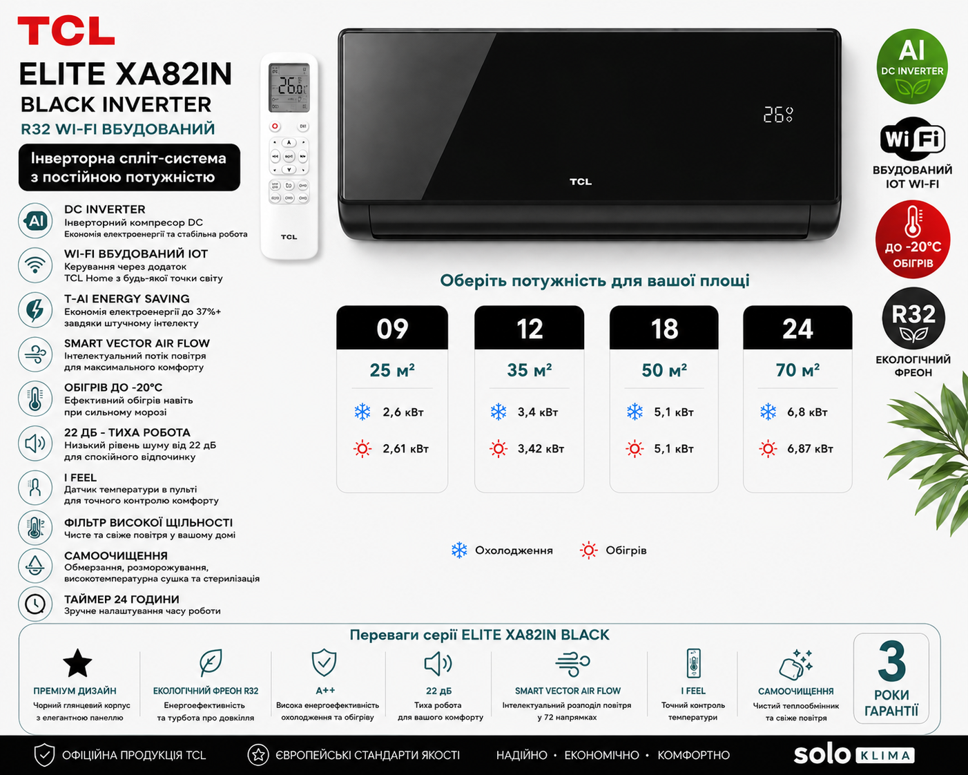 Кондиціонер TCL ELITE XA82IN Black Inverter R32 Wi-Fi 70 м² (TAC-24CHSD/XA82IN)