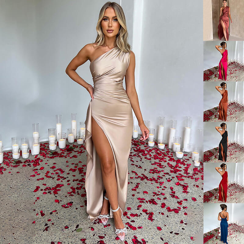 Sexy One Shoulder Satin Slit Dress For Women | Elegant Slim Fit Dress