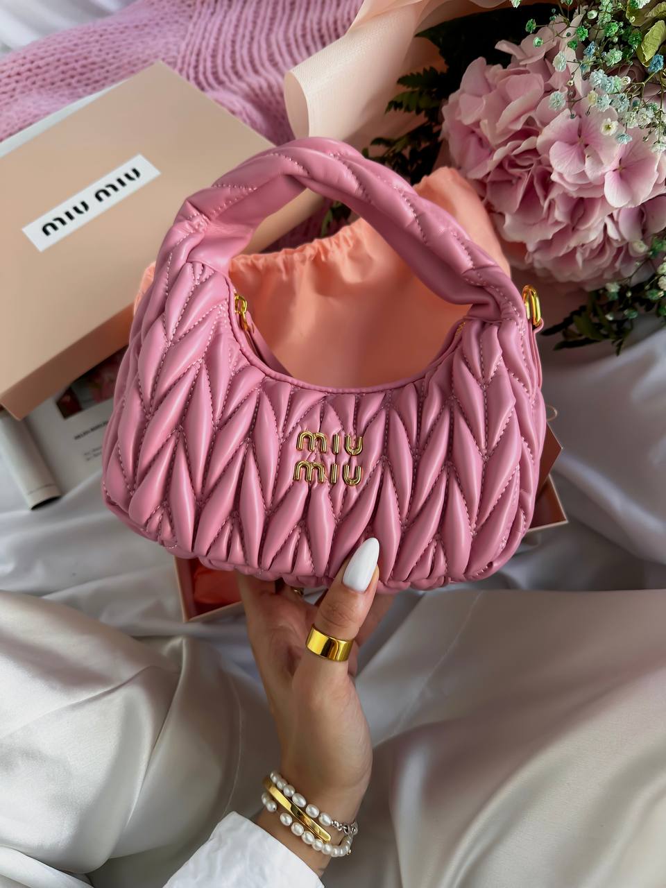 Miu Miu Wander Matelassé Nappa Leather Mini Hobo Bag Rose