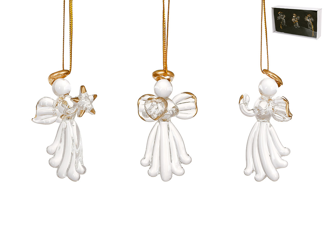 Набір ялинкових прикрас (3 шт) Янголи 6см, прозоре скло з золотом 115-250