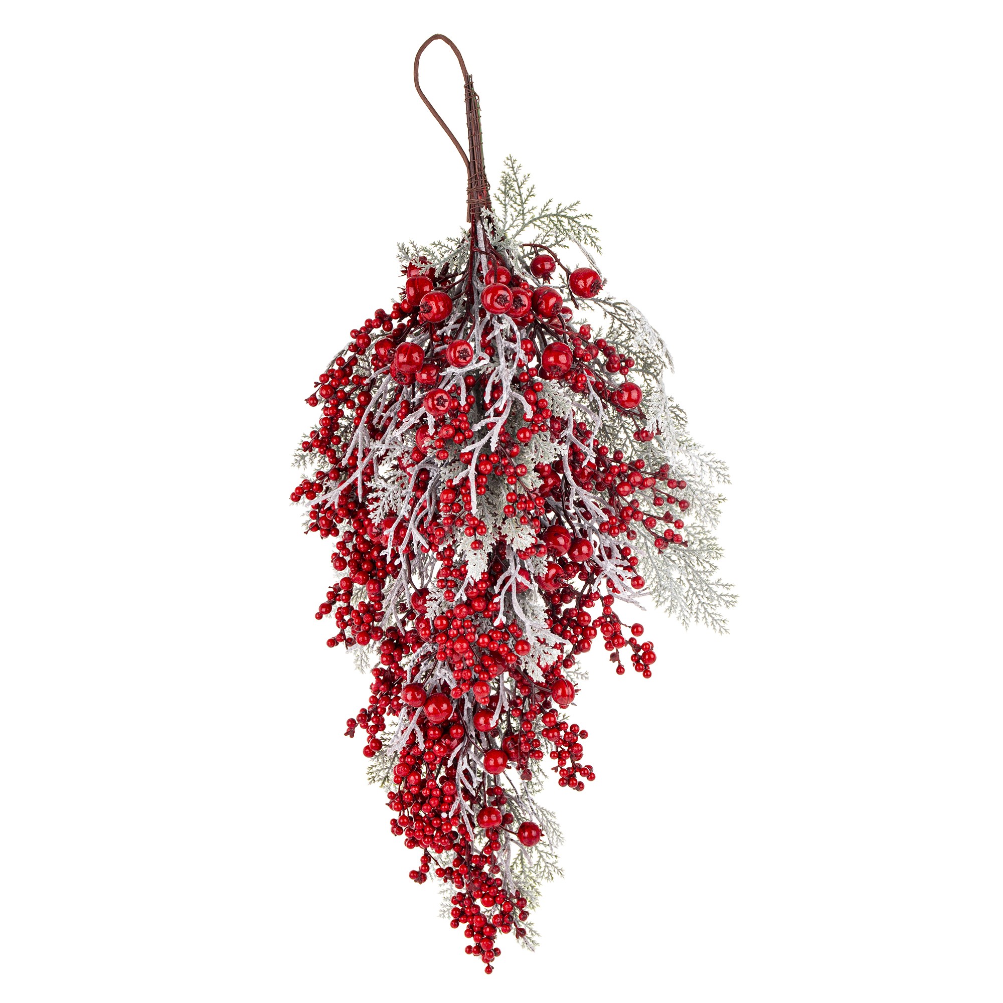 Червона новорічна гілочка зі срібними листками 65×26×16 см