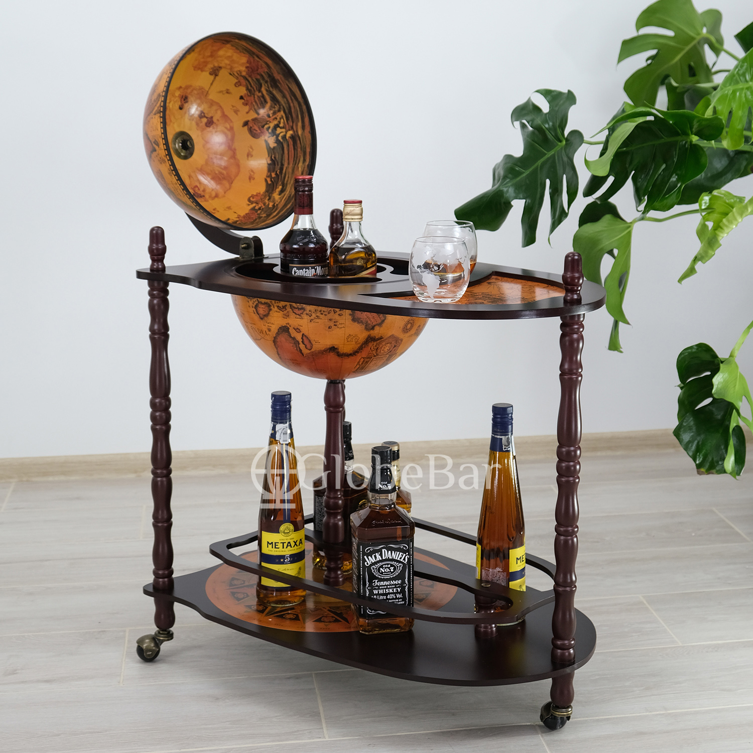 Глобус бар со столиком на 3 бутылки, диаметр 33 см, коричневый (671 х 45 х 89 см), 33035R