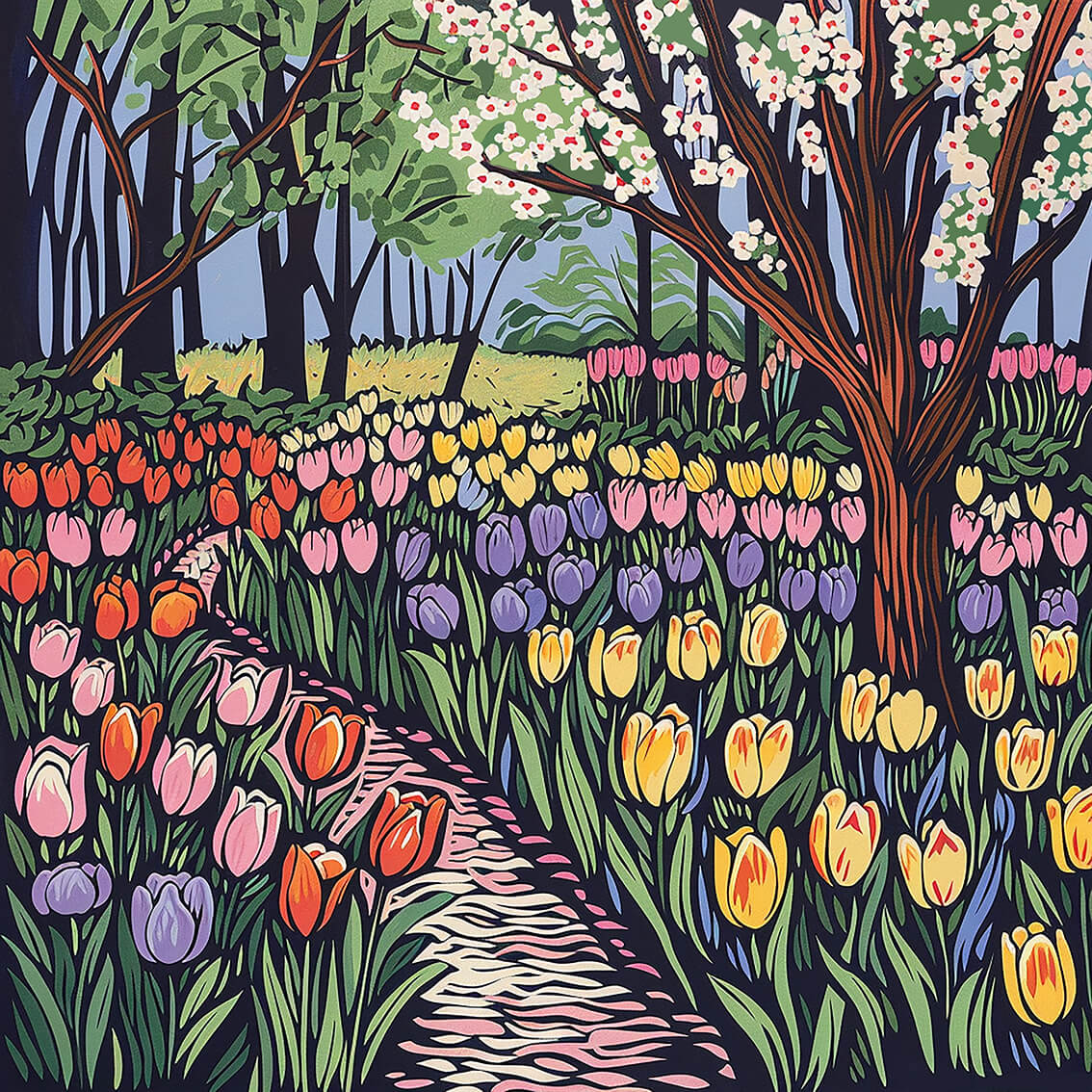 Tulips, 80x80 cm, original acrylic painting on canvas