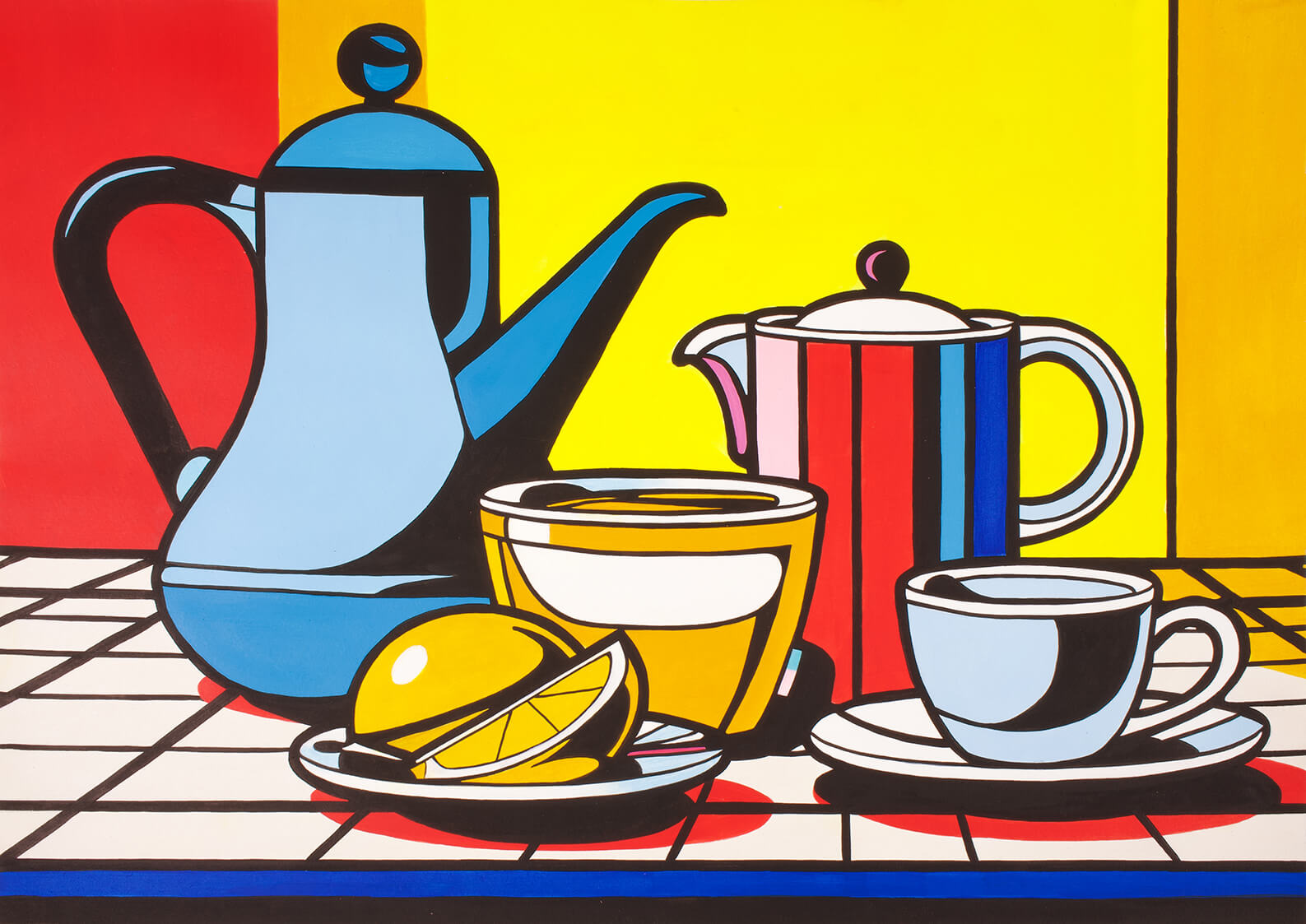 Still life with coffee and tea, 30x42 cm original acrylic painting on paper