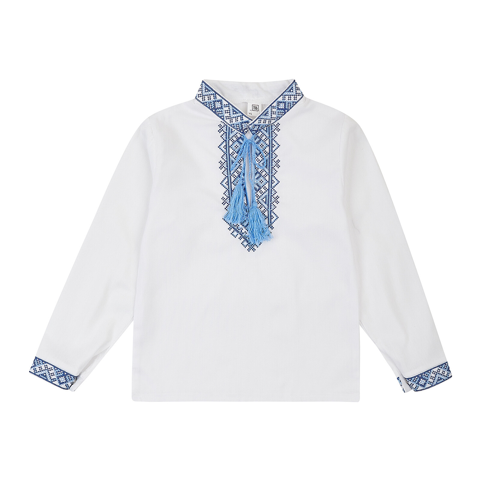 Вишиванка для хлопчика з синьо-блакитною вишивкою біла