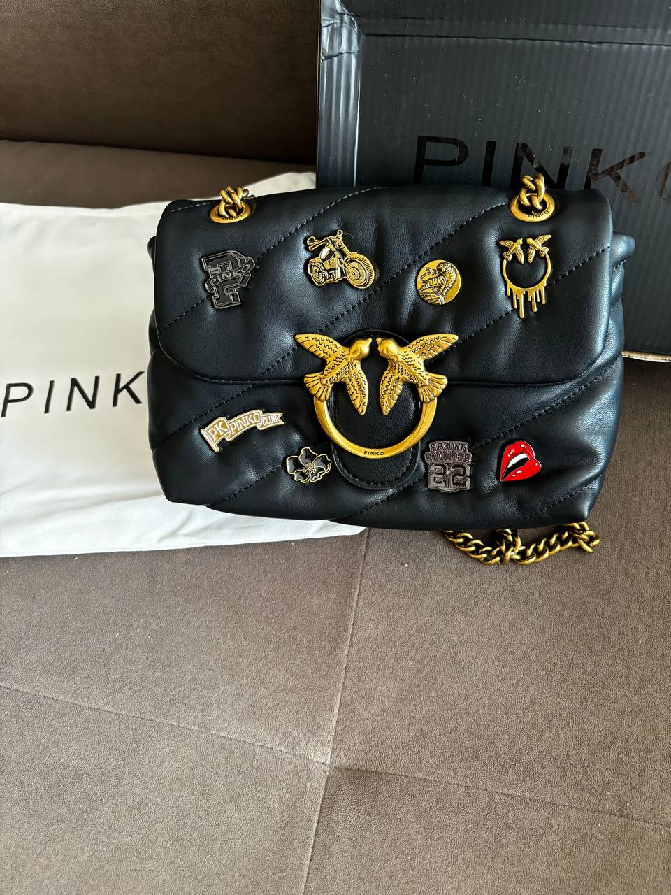 Pinko Black Quilted Leather Love Mini Puff Pins