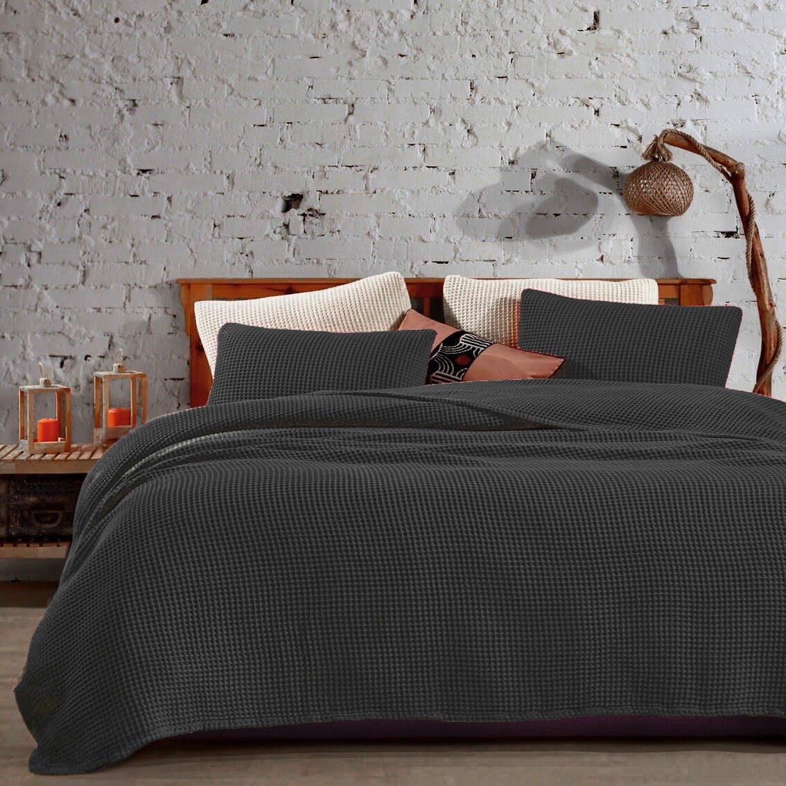 Вафельний плед-покривало піке, колір Чорний