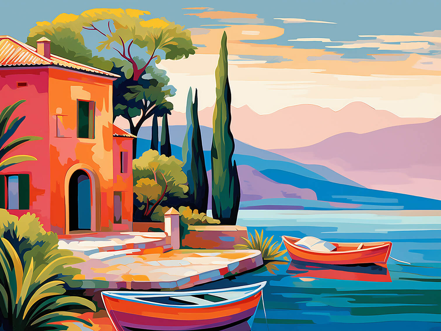 Lake house, 60x80 cm, original acrylic painting on canvas