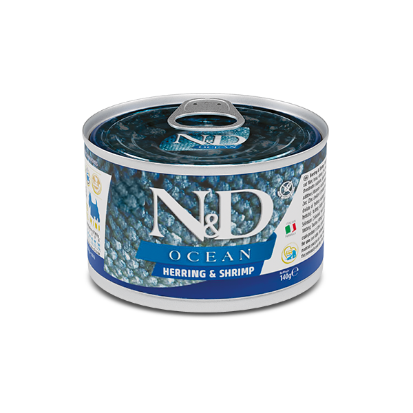 Фарміна дог волог N&D Grain Free OCEAN HERRING & SHRIMP ADULT MINI з оселедцем, тріскою, тунцем та креветкою, 140 г 02215