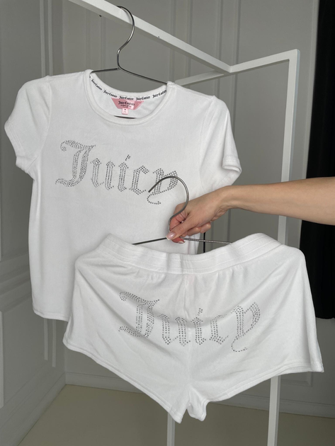 Піжама Juicy Couture Women's 2 Piece Velvet Fleece Short Sleeve Shirt and Pajama Shorts Lounge Sleepwear Set біла розмір M