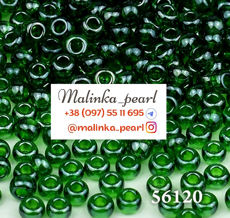 Бісер зелений темний, прозорий, глазурований