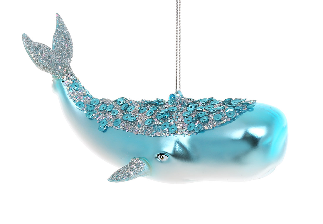 Ялинкова прикраса зі скла Кит з паєтками 13см, колір - блакитний NY29-485