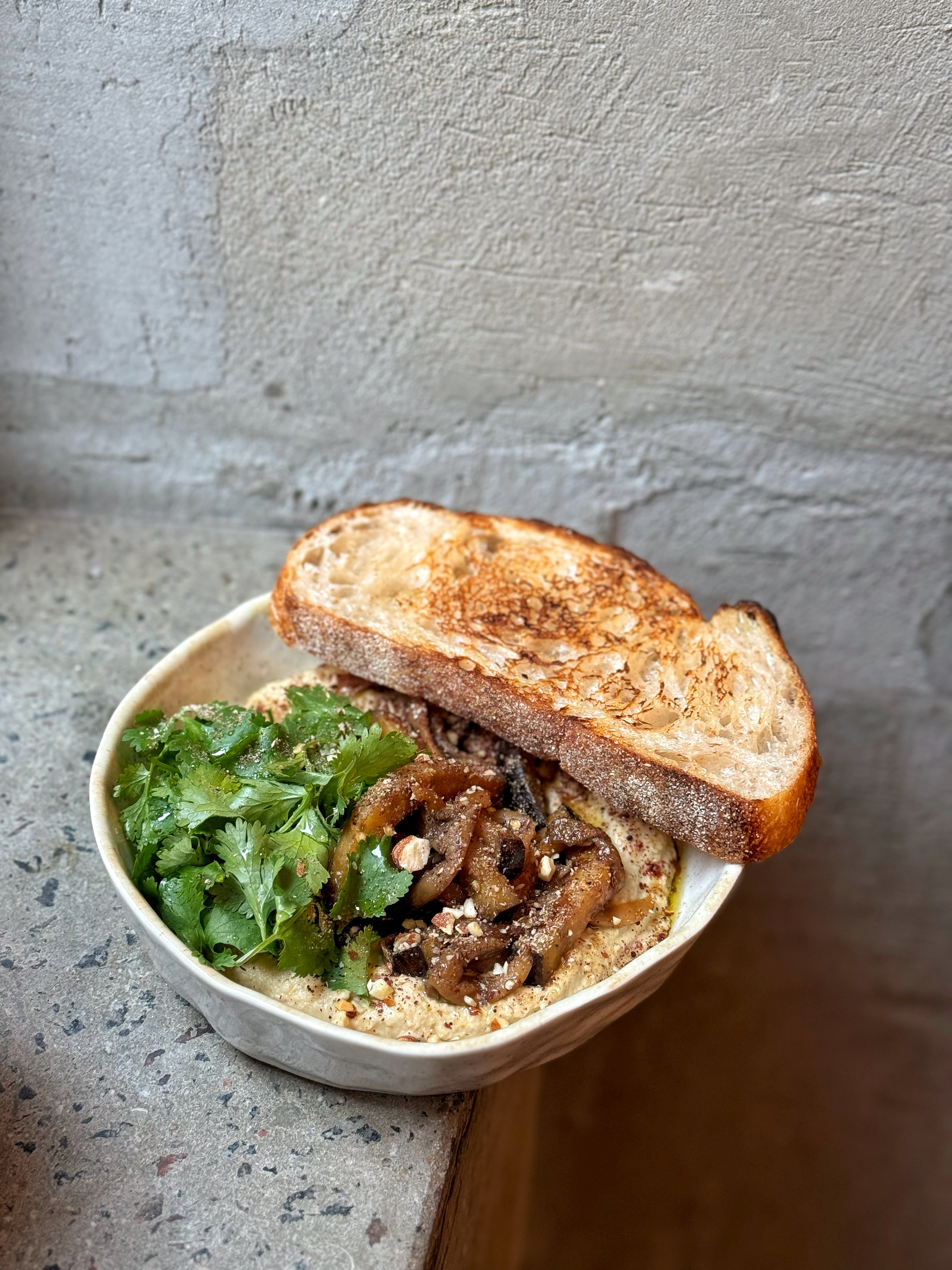 Hummus with fried eggplant and oyster mushrooms