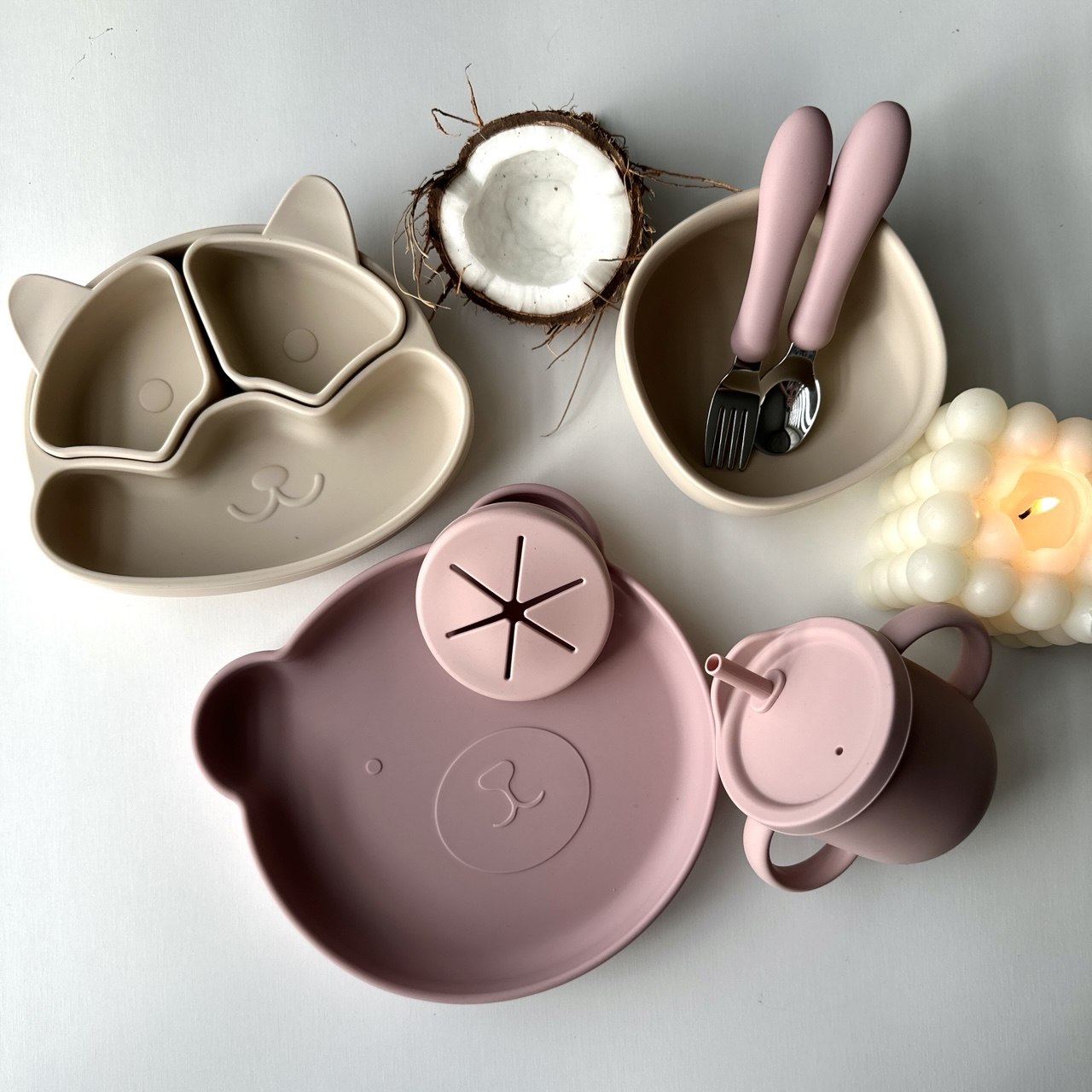 Набір силіконового посуду Єнотик  Беж/Пудра