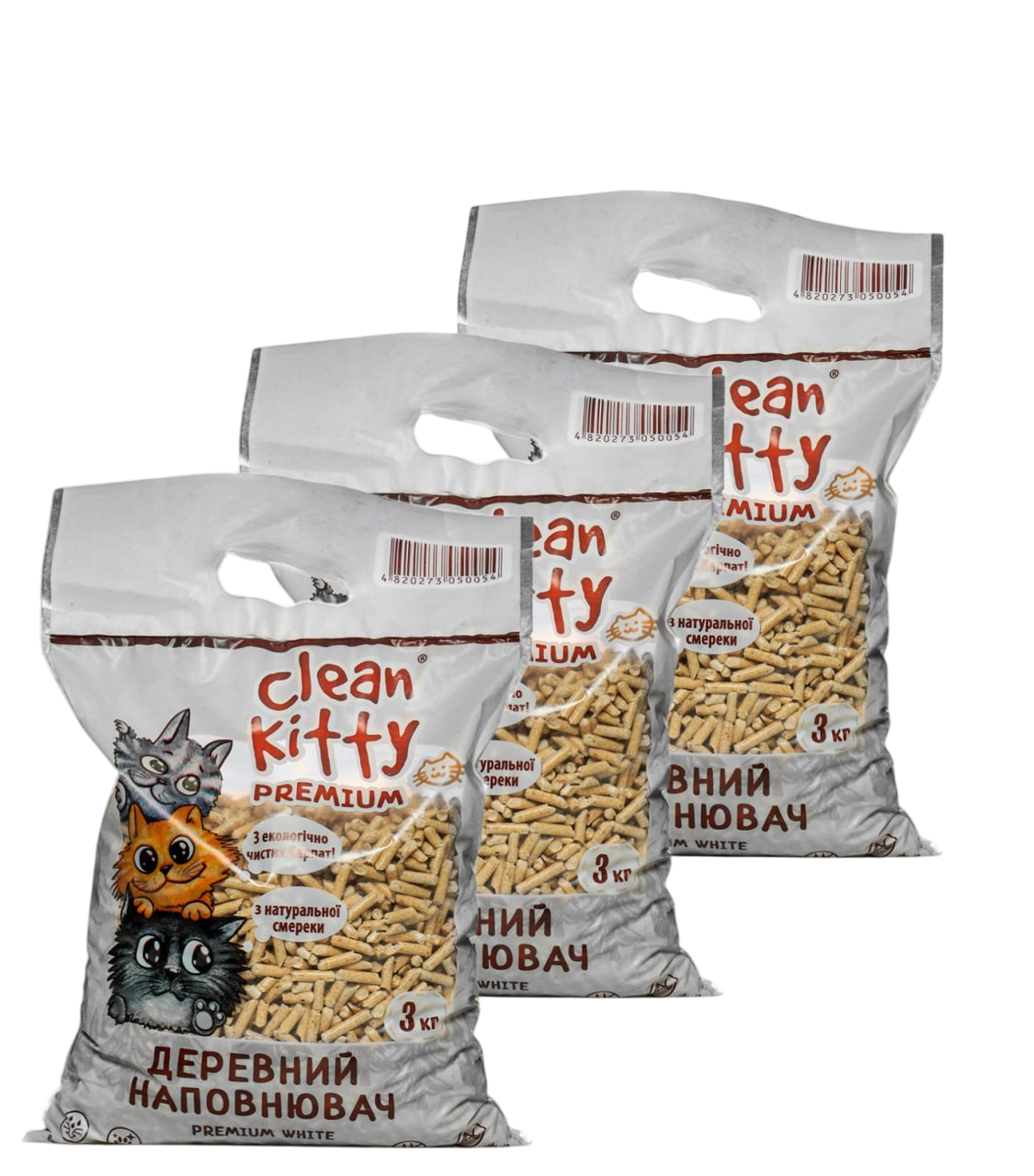 Clean Kitty Premium Коробка по 3 штуки - світлий деревний наповнювач зі смереки, 3 по 3 кг