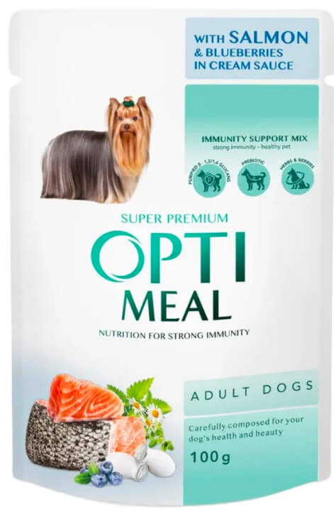 Оптіміл пауч для дорослих собак з лососем та лохинoю в крем соусі 100гр.