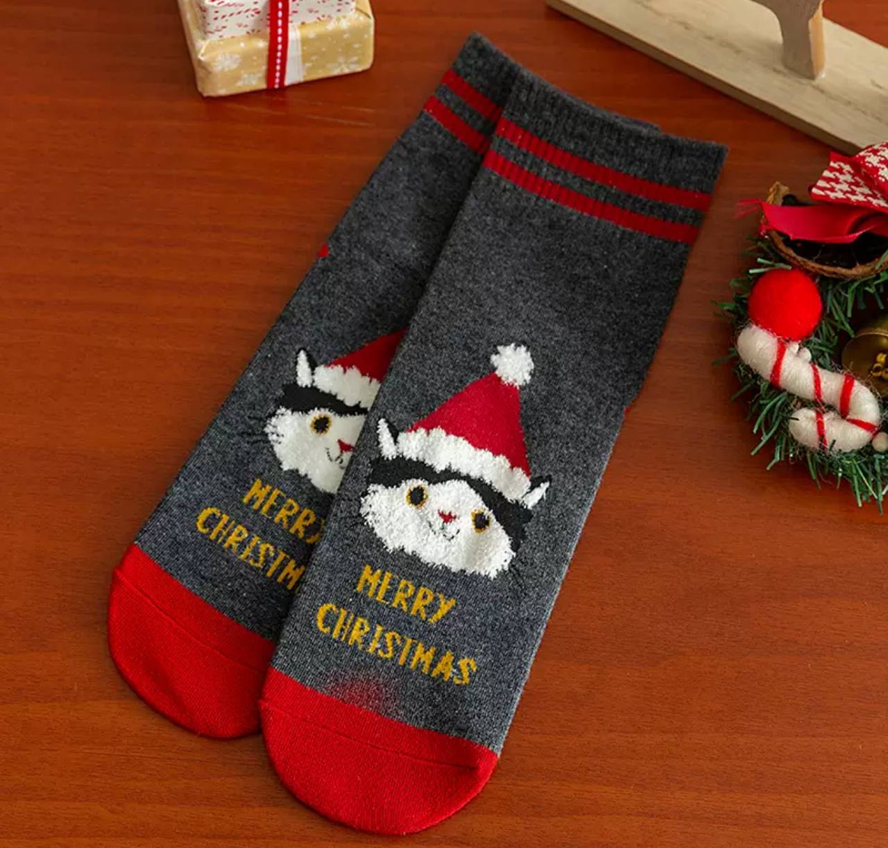 Різдвяні шкарпетки котиком в шапці Санти, MERRY Christmas