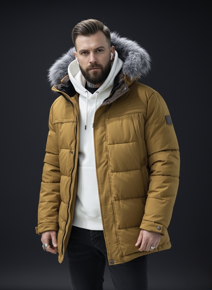 Подовжена чоловіча зимова куртка з натуральним хутром чорнобурки жовта