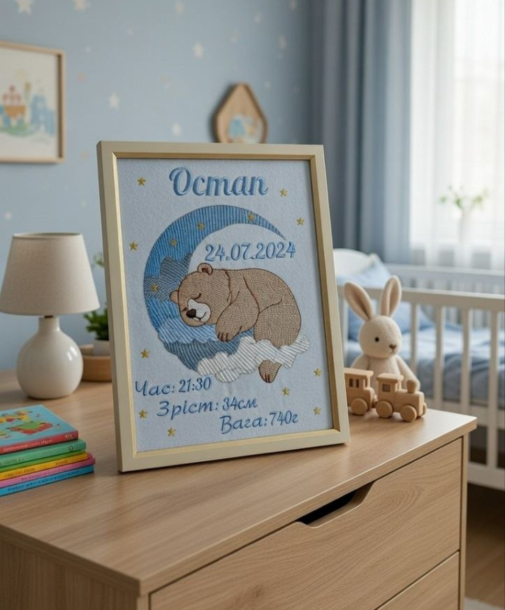 Дитяча метрика в рамці "Ведмедик сплюшка"