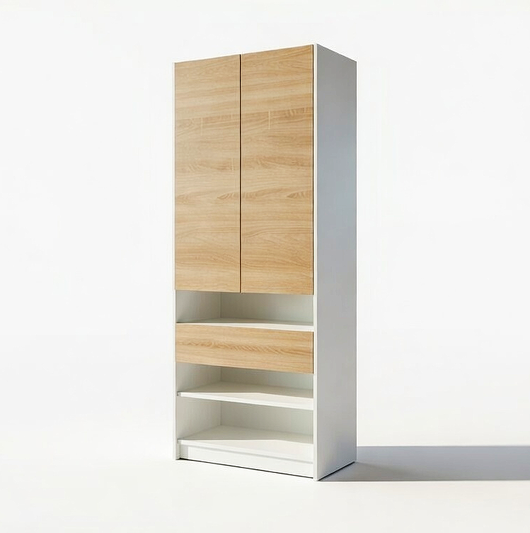 Шафа з дверцятами, висувною шухлядою та відкритими полицями (з висувним вішаком всередині)