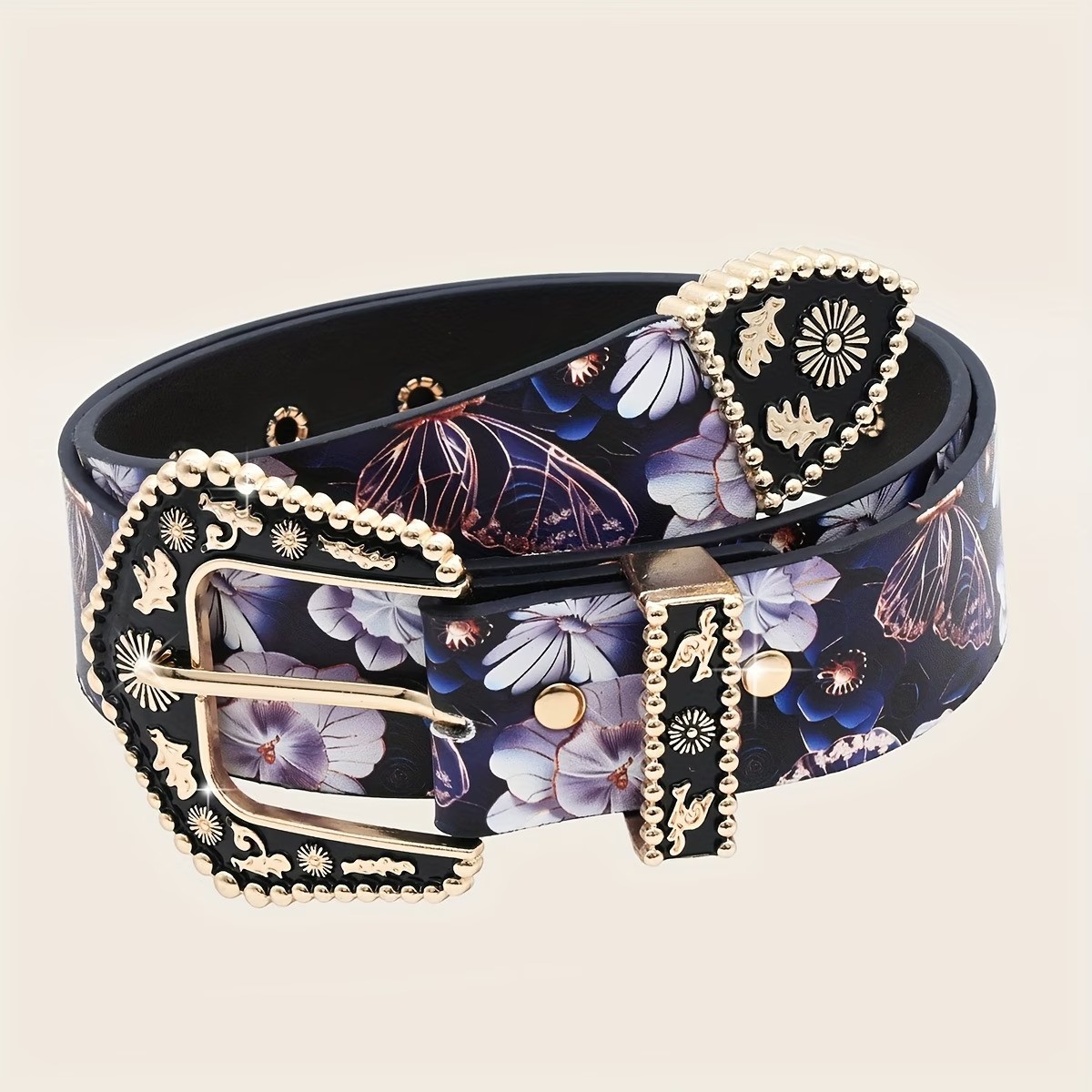 Women's Vintage Floral & Butterfly Belt with Golden Buckle