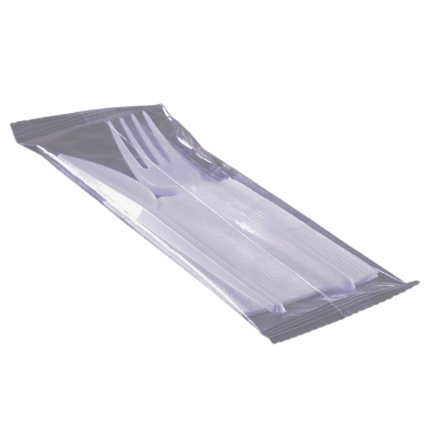 Набір столових приборів №2-50 ( білі виделка легка + ніж + серветка) в індивідуальній упаковці, 50 шт