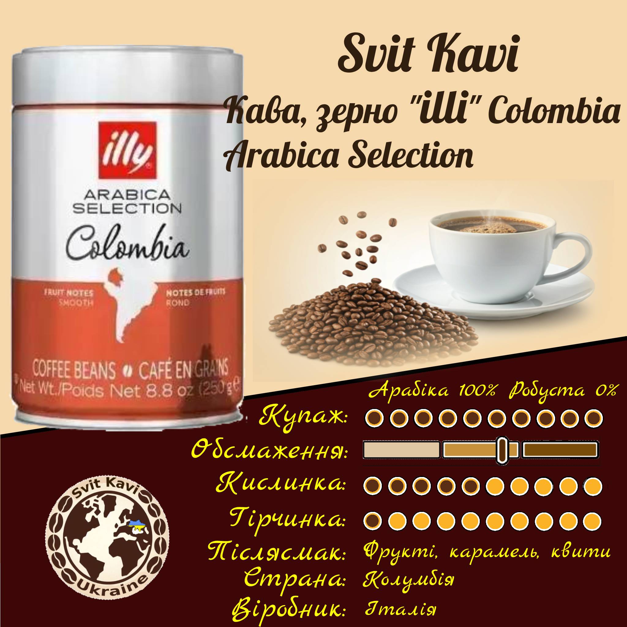 Кава в зернах illy COLOMBIA Selection Арабіка 100%+Робуста 0% банка 0,25кг. Італія